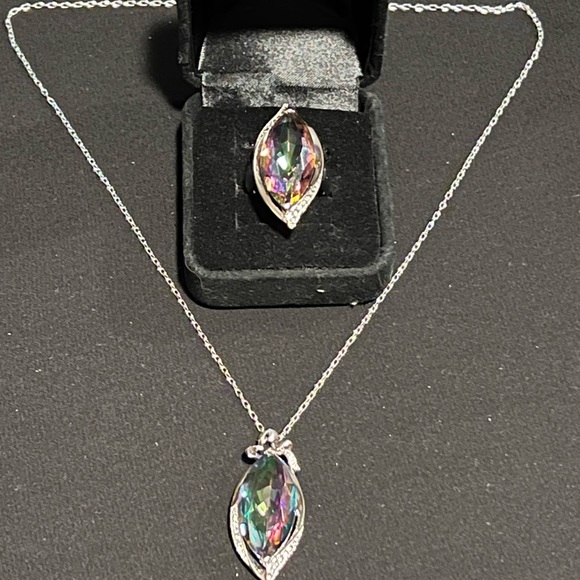 3 pc BEAUTIFUL STERLING SILVER & LARGE MYSTIC TOPAZ RING 8 & Pendant 14CTW ea - Picture 5 of 8